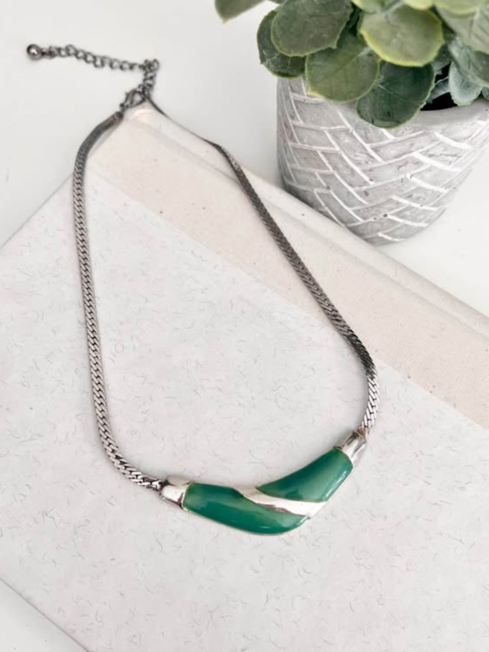 Green Silver Enamel Pendant Statement Necklace